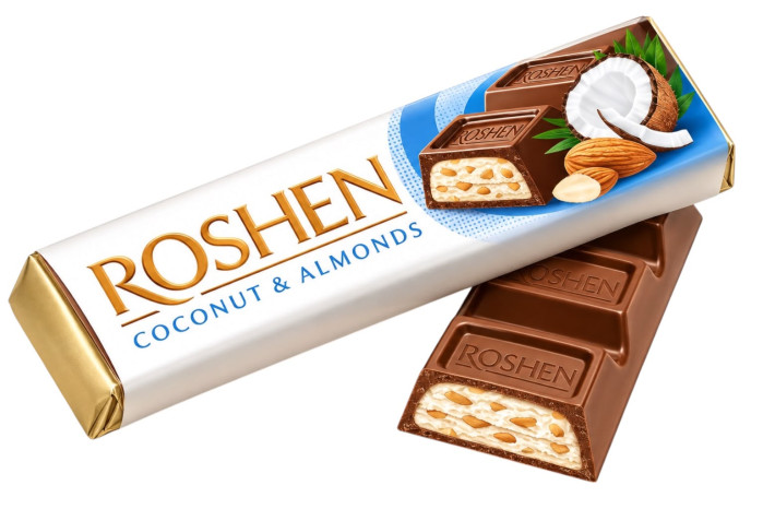 detail Mlečna čokoláda s kouskami mandlí a kokosovou náplní 38g Rochen