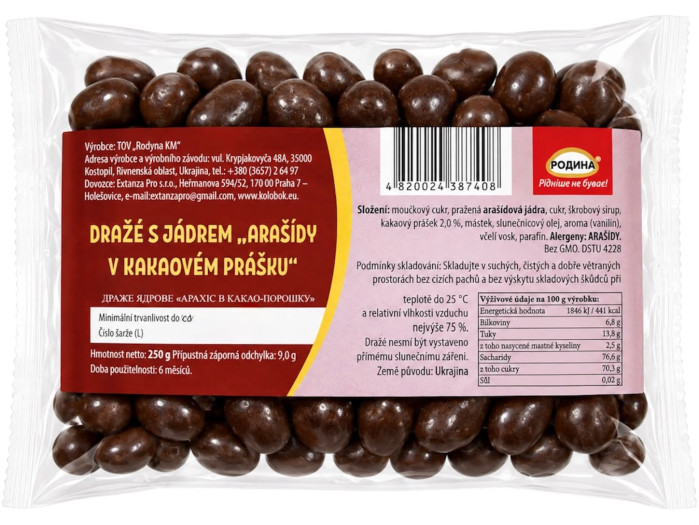 detail Dražé s jádrem „Arašídy v kakaovém prášku“ 250g Rodyna