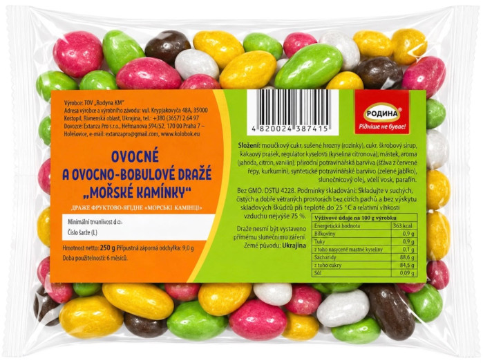 detail Ovocné a ovocno-borůvkové dražé „Mořské kamínky“ 250g Rodyna