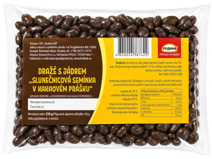 detail Dražé s jádrem „Slunečnicová semínka v kakaovém prášku“ 250g Rodyna