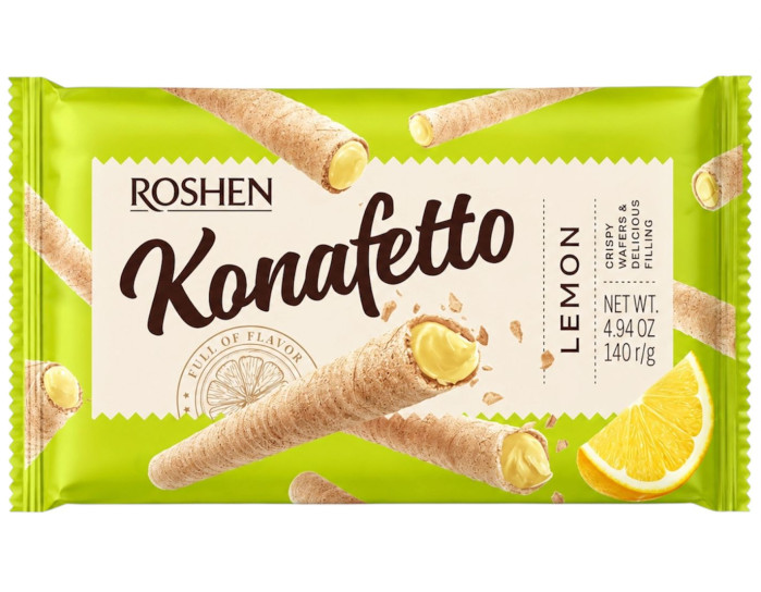 detail Oplatkové trubičky plněne náplní s citronovou příchutí 140g Konaffeto