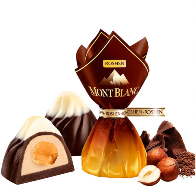 detail MONT-BLANC s celým lískovým ořechem Roshen